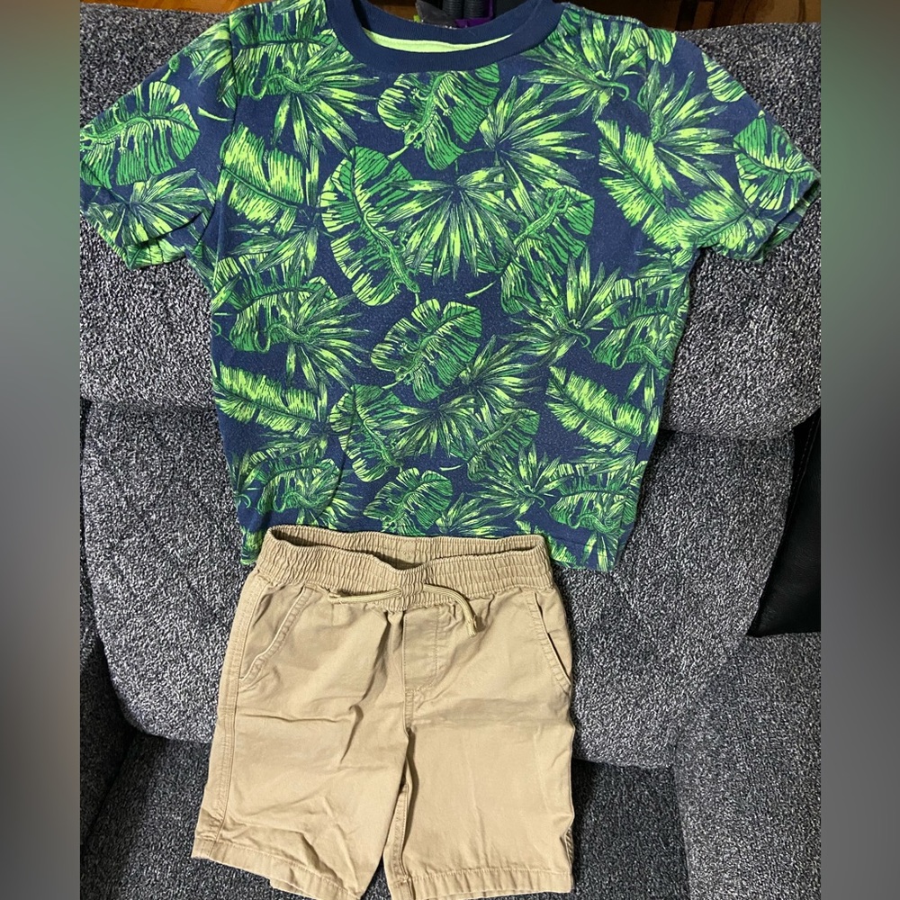 Cute Boys Outfit - Khaki Shorts 4T and Leaf/Lizard Shirt 4